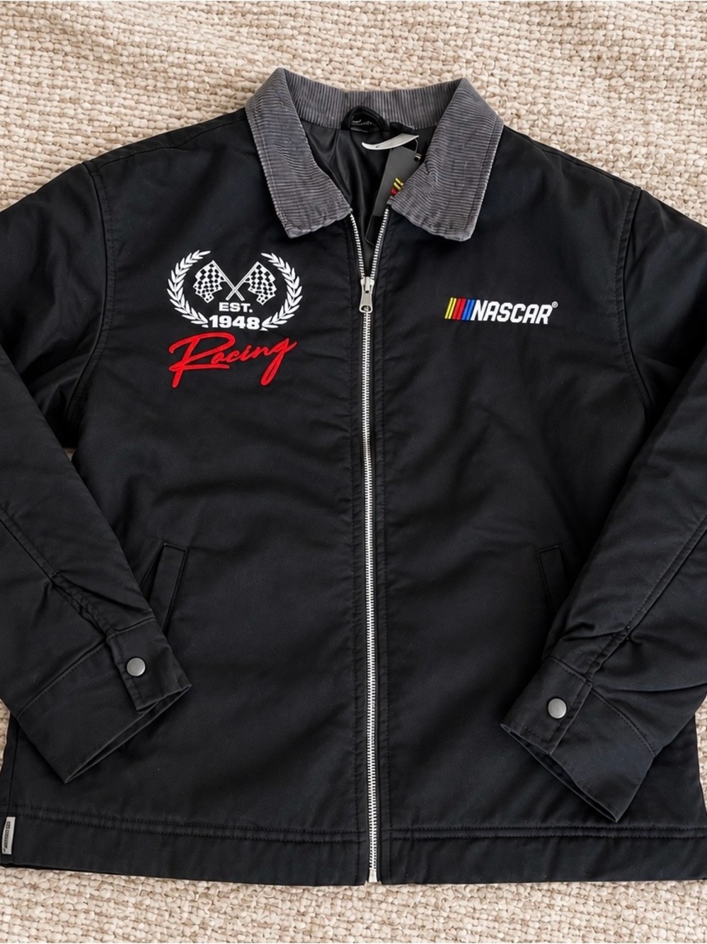 Nascar Black Racing Zip Jacket with Gray Corduroy Collar